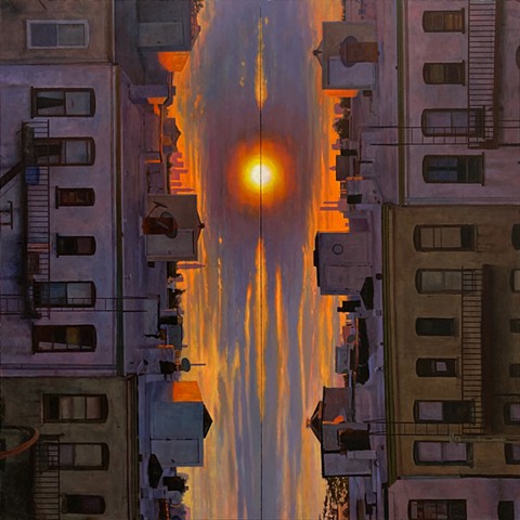 NYC Brooklyn New York City sunset rooftops oil on canvas painting surrealism surreal kyle andrew phillips