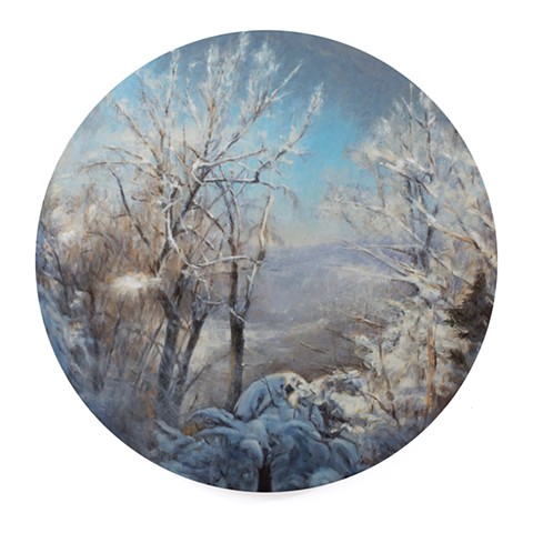 'Snowy PA' is a realistic landscape painting by 'Kyle Andrew Phillips'. It is 20 inches in diameter done in oil on a wood panel tondo.