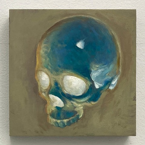 skull oil on panel painting memento mori color inverted color zombie