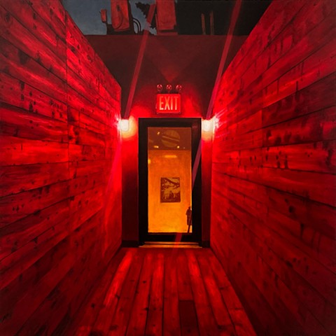 oil on linen panel painting red hall Greenpoint Brooklyn NYC New York hell movie poster ingmar bergman