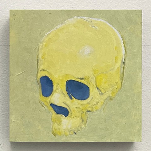 skull kyle andrew phillips new york nyc brooklyn bk greenpoint oil on panel painting oil faded paper newsprint magazine age light