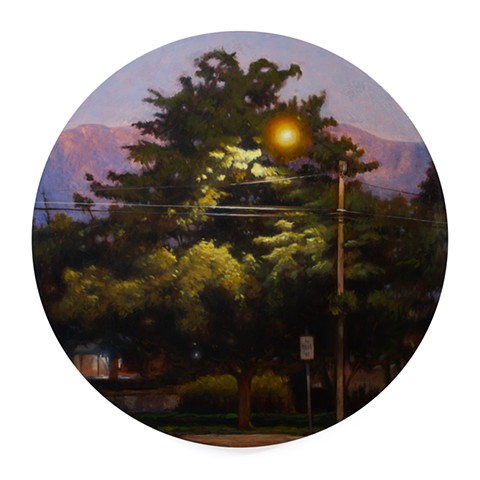 'Tree in Springville, Utah' is a realistic landscape painting by 'Kyle Andrew Phillips'. It is 20 inches in diameter done in oil on a wood panel tondo.