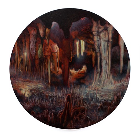 Mallorca Porto Cristo Cuevas is a realistic landscape painting by Kyle Andrew Phillips. It is 20 inches in diameter done in oil on a wood panel tondo.