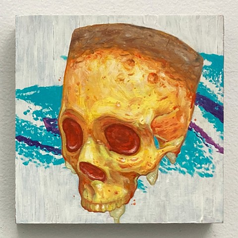 oil painting on panel skull New York City Brooklyn BK NYC pizza party 1990's plastic cup design nineties