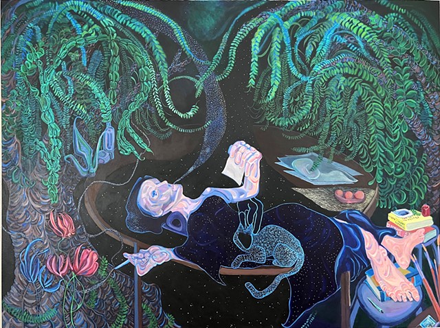 woman laying on table surrounded by trees. she is smoking and looking at the stars.  