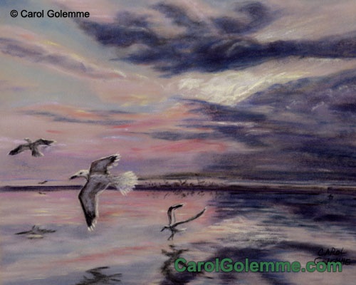 Three Gulls at Sunset