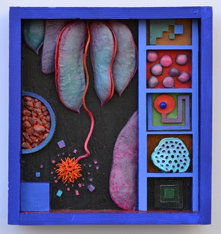 Box, assemblage, influenced by Cornell and Nevelson, Colorful, Seed pods
