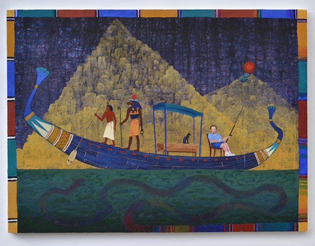 Folk-art style, narrative, including a "solar barque", Egyptian god, scarab beetle and man fishing