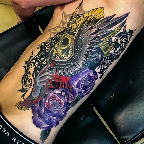"My Beautiful Addiction" skull and wing tattoo by Custom tattoos by Adam Sky, San Francisco, California