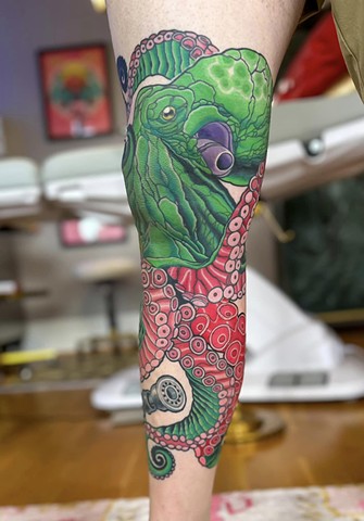 Green Octopus holding a Lightsaber Tattoo by Adam Sky, Morningstar Tattoo, Belmont, Bay Area, California