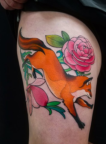Fox and Flowers Tattoo by Adam Sky, San Francisco, California