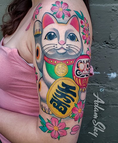 Maneki Neko Tattoo by Custom Tattoos by Adam Sky, Redwood City, Bay Area, California
