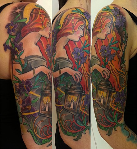 Saint Claire Tattoo in a Mucha style by Custom tattoos by Adam Sky, San Francisco, California