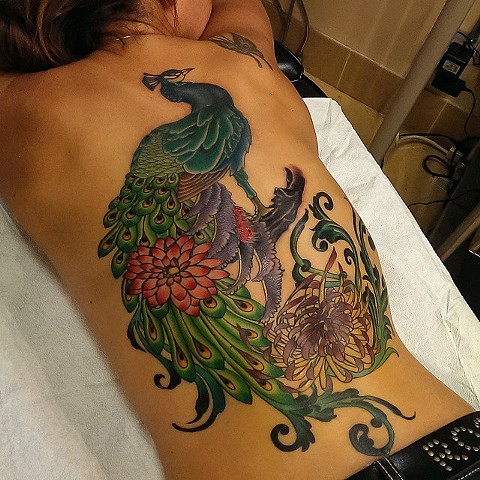 Peacock backpiece tattoo by Custom tattoos by Adam Sky, San Francisco, California