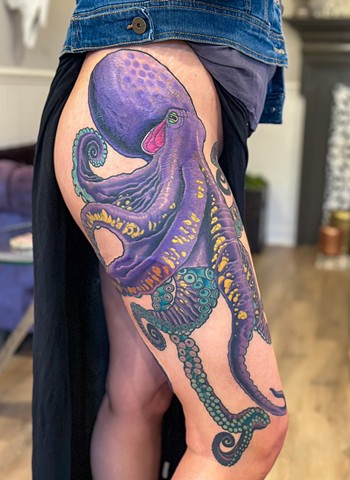 Purple Octopus by Adam Sky, Morningstar Tattoo, Belmont, Bay Area, California