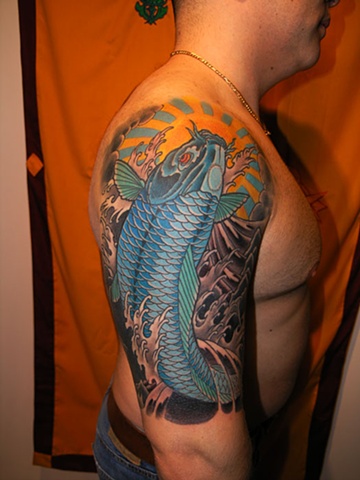 blue koi fish tattoo by Custom tattoos by Adam Sky, San Francisco, California