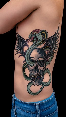 Skull and cobra tattoo by Custom tattoos by Adam Sky, San Francisco, California
