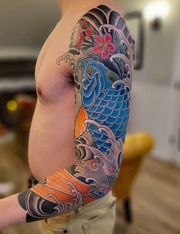 Blue Koi Sleeve Tattoo by Adam Sky, Morningstar Tattoo Parlor, Belmont, Bay Area, California