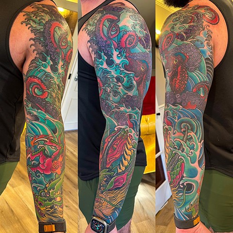Octopus and Dragon Sleeve by Adam Sky, Morningstar Tattoo, Inc. Belmont, California
