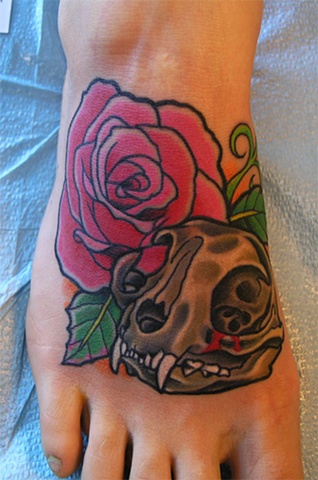 Cat skull tattoo by Custom tattoos by Adam Sky, San Francisco, California