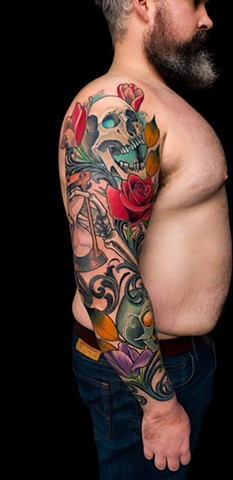 Skulls and Flowers Sleeve by Adam Sky, Morningstar Tattoo, Belmont, Bay Area, California