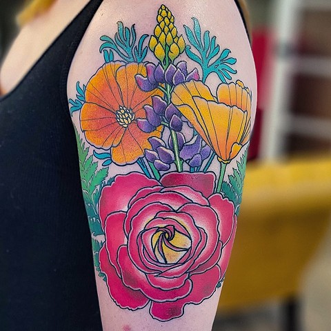 California Wildflowers by Adam Sky, Morningstar Tattoo Parlor, Belmont, Bay Area, California