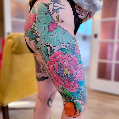 Luna Moth and Peony Flower Tattoo by Adam Sky, Morningstar Tattoo, Belmont, Bay Area, California