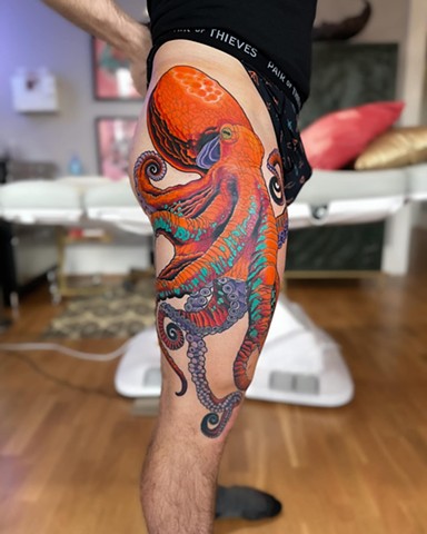 Orange Octopus Tattoo by Adam Sky, Morningstar Tattoo, Belmont, Bay Area, California