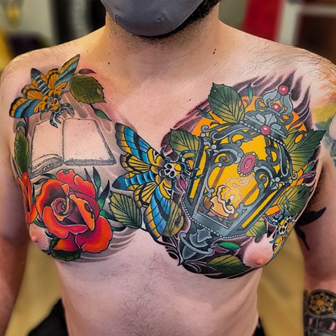 Death's-Head Moths and Lantern Tattoo by Adam Sky, Morningstar Tattoo Parlor, Belmont, Bay Area, California