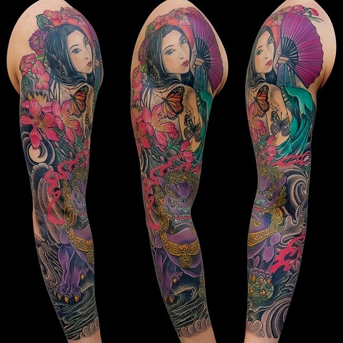 Iron Fan Princess and Foo Dog Sleeve Tattoo by Custom tattoos by Adam Sky, San Francisco, California