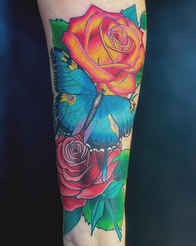 Butterfly and Roses Tattoo by Adam Sky, Morningstar Tattoo, Belmont, Bay Area, California