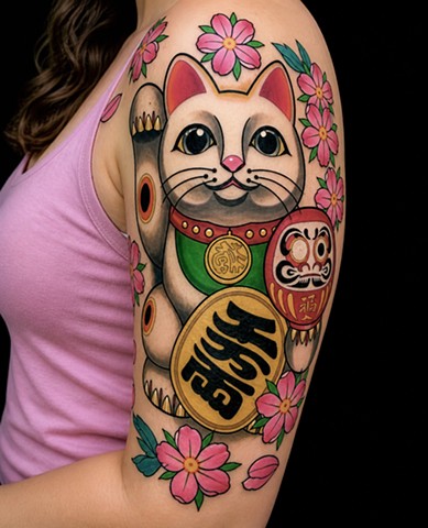 Maneki Neko Tattoo by Custom Tattoos by Adam Sky, Redwood City, Bay Area, California