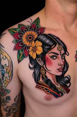 Gypsy Woman Head Tattoo by Adam Sky, Morningstar Tattoo, Belmont, Bay Area, California