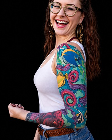 Octopus and Tropical Fish Sleeve Tattoo by Adam Sky, San Francisco, Bay Area, California