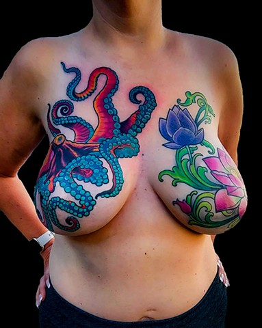 Octopus and Lotus Flower Mastectomy Scar Cover up by Custom Tattoos by Adam Sky, San Francisco, Bay Area, California