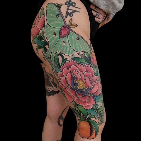 Luna Moth and Peony Flower Tattoo by Adam Sky, Morningstar Tattoo, Belmont, Bay Area, California