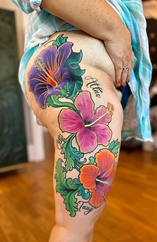 Hibiscus Flowers Tattoo by Adam Sky, Morningstar Tattoo, Belmont, Bay Area, California