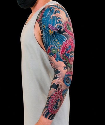 Blue Octopus Sleeve by Adam Sky, Morningstar Tattoo, Belmont, Bay Area, California