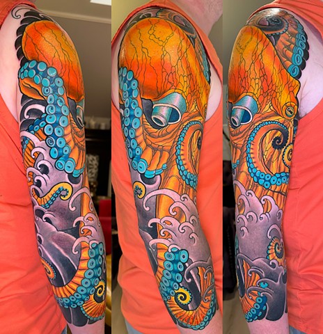 Yellow Octopus Tattoo Sleeve by Custom Tattoos by Adam Sky