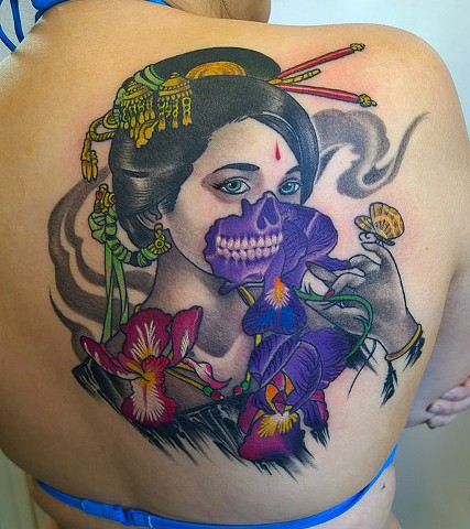 geisha skull tattoo by Custom tattoos by Adam Sky, San Francisco, California