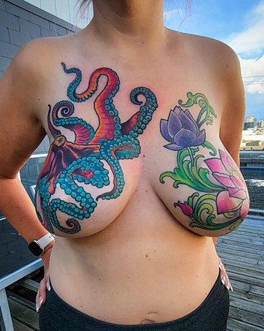 Octopus and Lotus Flower Mastectomy Scar Cover up by Custom Tattoos by Adam Sky, San Francisco, Bay Area, California