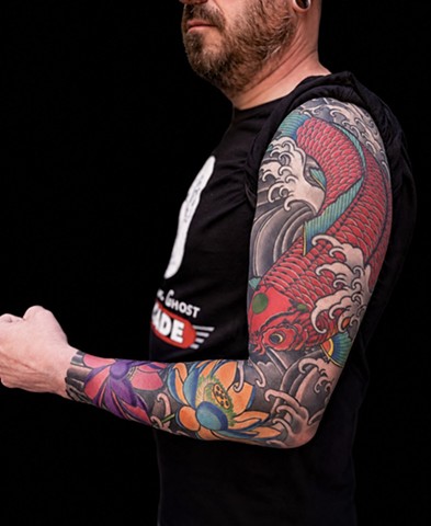 Koi Fish and Lotus Flowers Sleeve by Custom Tattoos by Adam Sky, San Francisco, California
