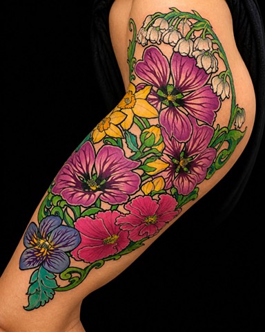 Flower Bouquet by Adam Sky, Morningstar Tattoo Parlor, Belmont, Bay Area, California