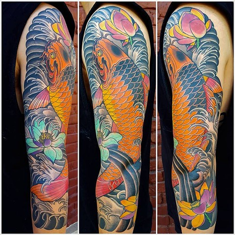 Koi Fish and Lotus Flower Sleeve by Custom tattoos by Adam Sky, San Francisco, California