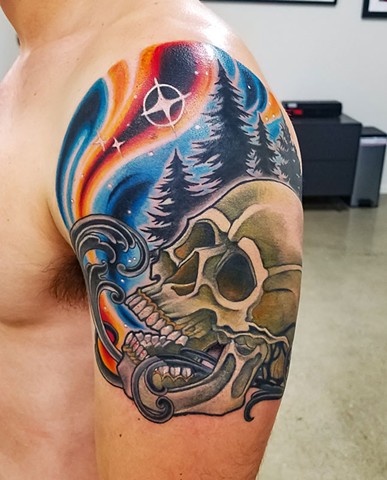 Skull and Space Tattoo by Custom Tattoos by Adam Sky, San Francisco, California