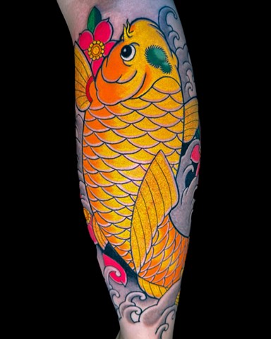 Yellow Koi Fish by Adam Sky, Morningstar Tattoo, Belmont, Bay Area, California