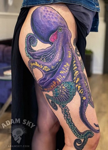 Purple Octopus by Adam Sky, Morningstar Tattoo, Belmont, Bay Area, California