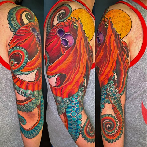 Octopus and Moon Tattoo by Adam Sky, Morningstar Tattoo, Belmont, Bay Area, California