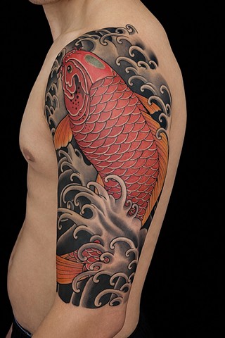 Red Koi Fish Half Sleeve Tattoo by Adam Sky, San Francisco, Bay Area, California