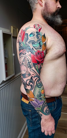 Skulls and Flowers Sleeve by Adam Sky, Morningstar Tattoo, Belmont, Bay Area, California